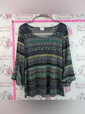 Clientele Long Sleeve Bohemian Striped Tunic Top in Green and Navy Sparkly